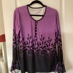 Purple Ombre Floral Long Sleeve Henley Top